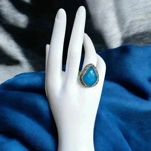 ๐๏ธTurkish Blue Cats Eye Gemstone Ring | Handcrafted 18K Gold Adjustable Luxury - Picture 5 of 17